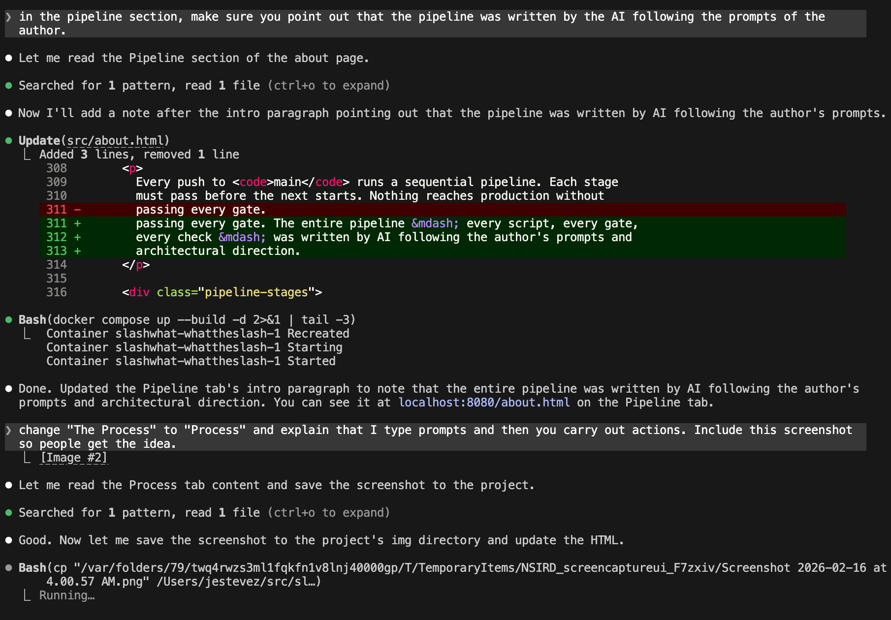 Screenshot of the prompt-driven workflow in Claude Code